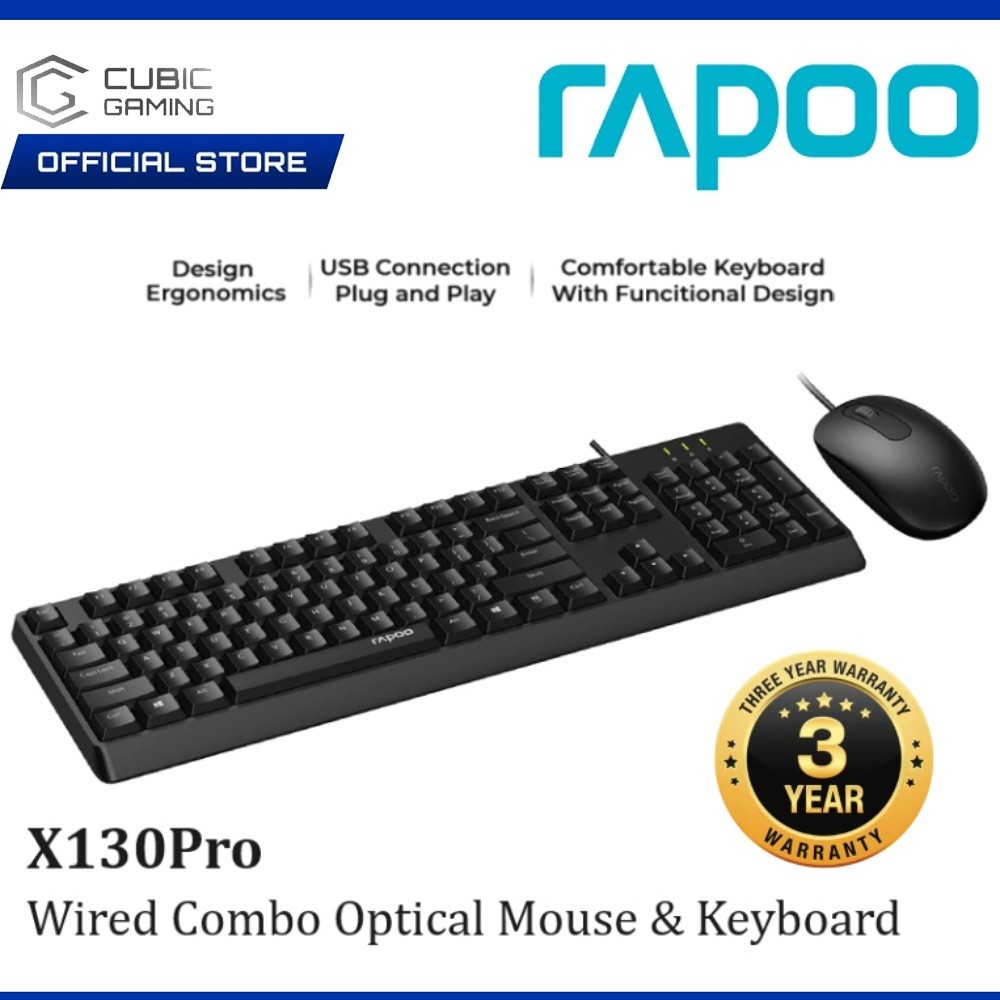 RAPOO X130PRO USB WIRED COMBO OPTICAL KEYBOARD + เมาส์พร้อม 104KEYS / 1600DPI / MOUSE 3 ปุ่ม / OPTIC