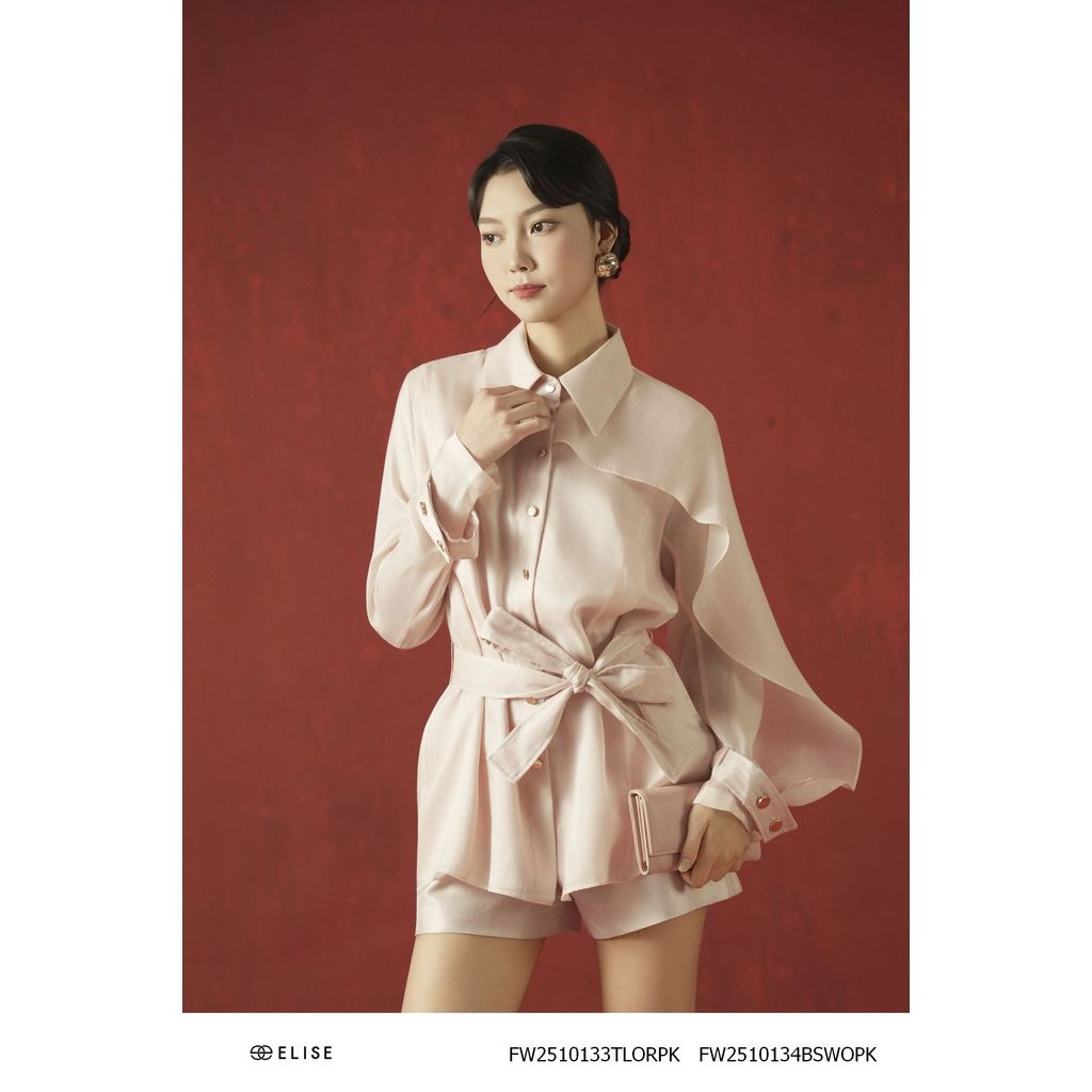 เสื้อไหมพรมสีชมพูสีชมพูแขนระบายและเข็มขัดคาดเอวออกแบบโดย Elise O2O รหัส FW2510133LORPK