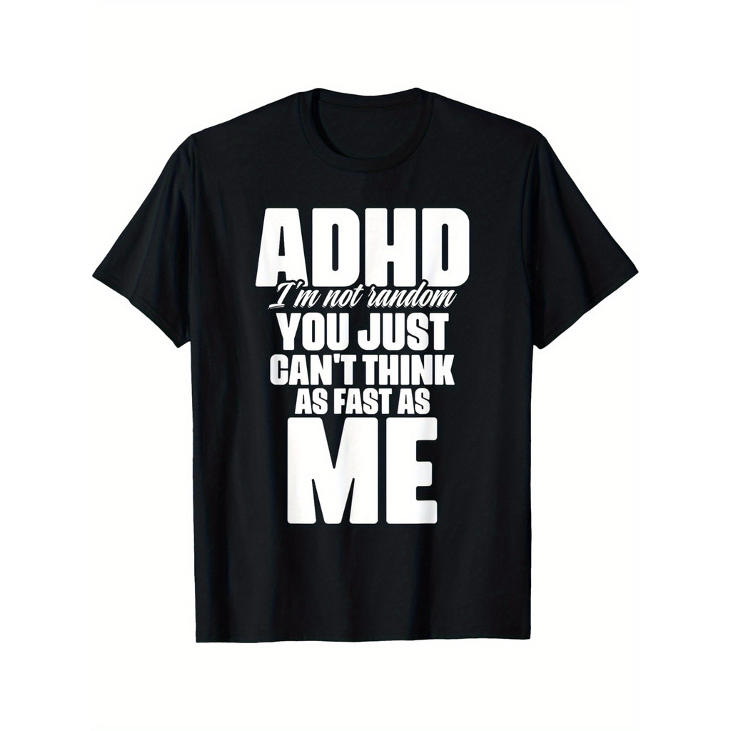 เสื้อยืดผ้าฝ้ายผู้ชาย ADHD Awareness เสื้อยืดสีดําผู้ชาย, เสื้อยืดแขนสั้นผ้าฝ้าย 100%, คอลูกเรือที่ส