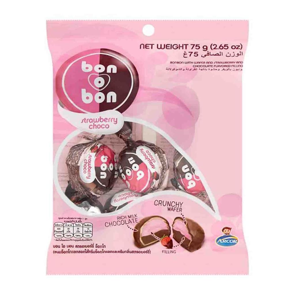 [สินค้าส่งด่วน] บอน โอ บอน ขนมช็อกโกแลตสอดไส้ครีมช็อกโกแลตและครีมกลิ่นสตรอว์เบอร์รี่ 75 ก.