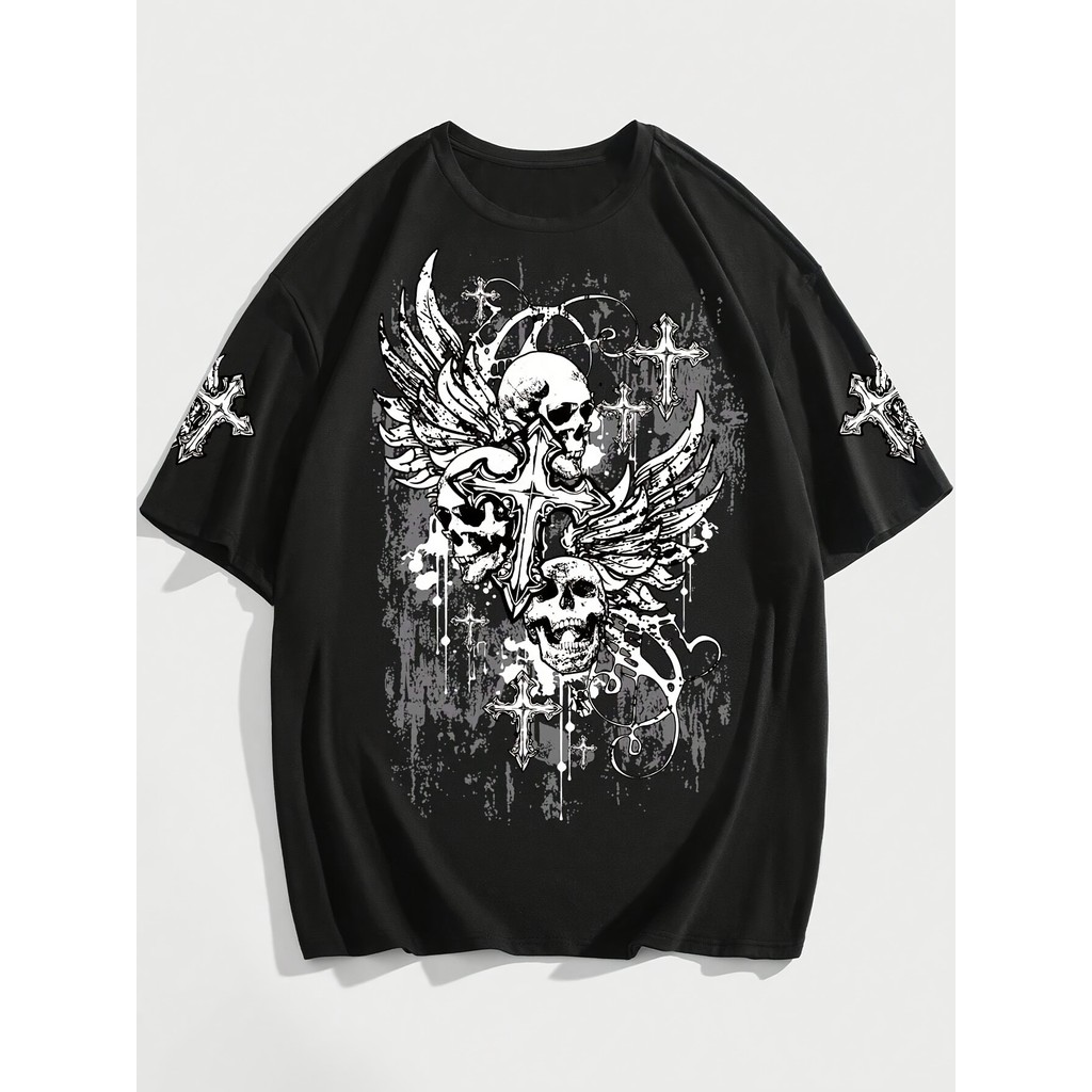 ROMWE MEN Goth Men Skull & Cross Print Tee, School, 2000s Style (1)