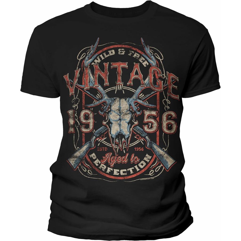 เสื้อยืดผ้าฝ้ายผู้ชาย 70th Birthday for Men - Vintage Deer Skull 1956 Aged to Perfection - F/70th Bi