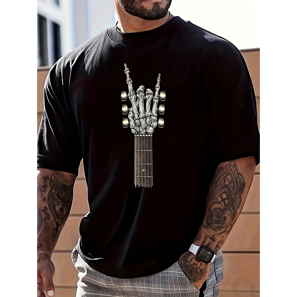 Mens Rock On Guitar Neck Rock & Roll Skeleton T-Shirt , Emo