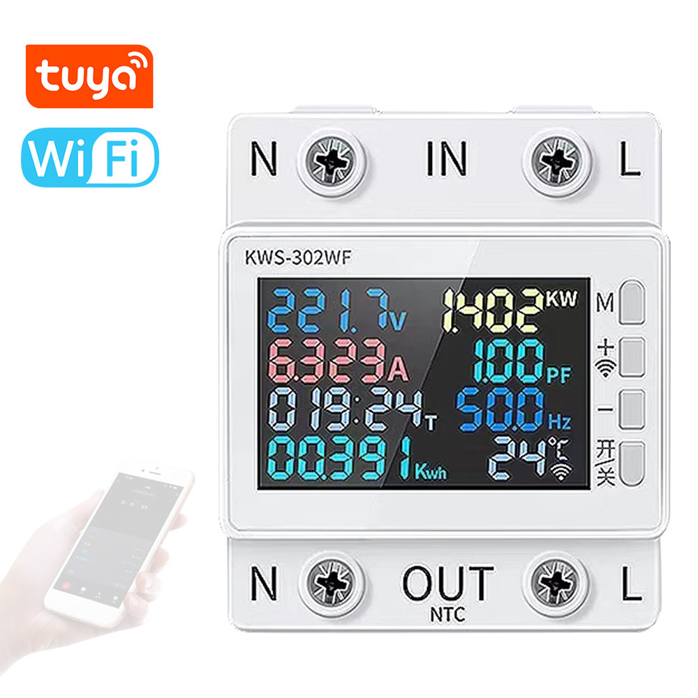 Sptfth Tuya WiFi 8in1 Power Meter หน้าจอสี 2P Multi-function AC Energy Mobilephone Remotely APP ควบค