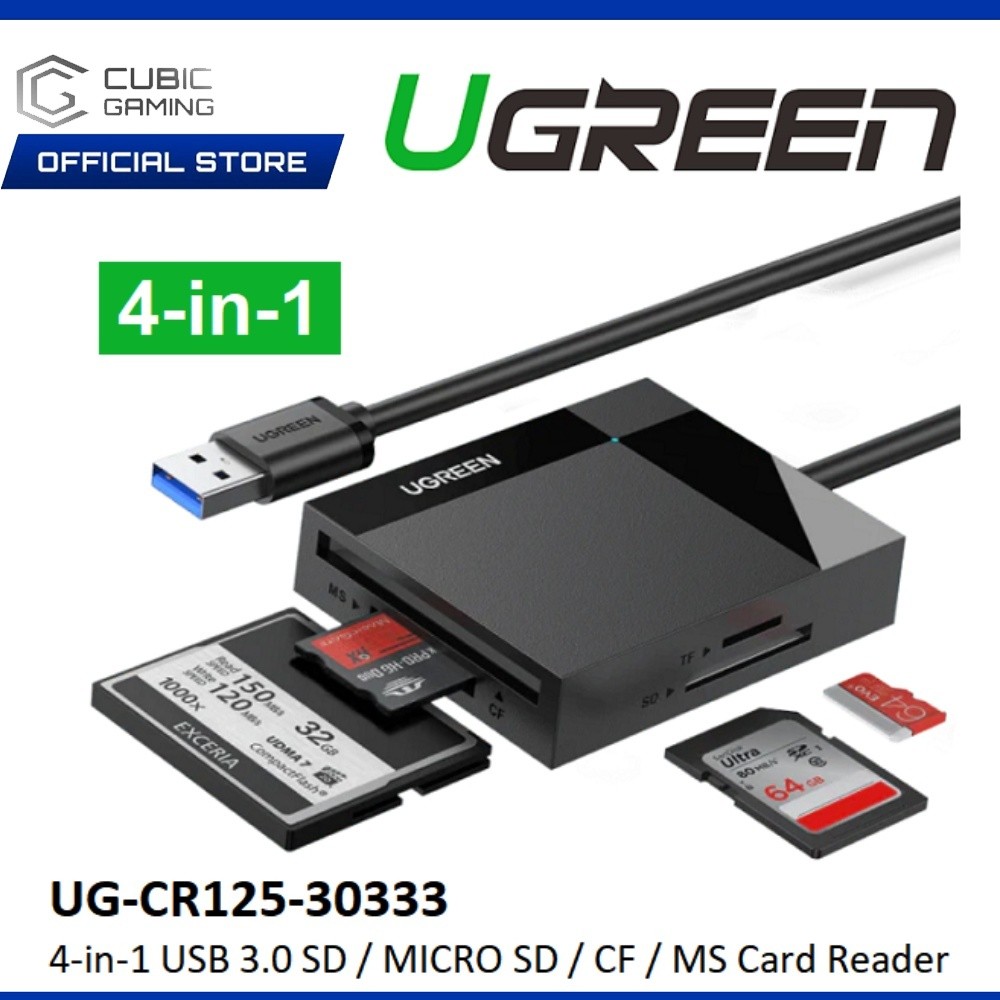 UGREEN 4-IN-1 SUPER SPEED USB 3.0 USB-A TO SD / TF / CF / MS SLOT CARD READER - 50CM (UG-CR125-30333