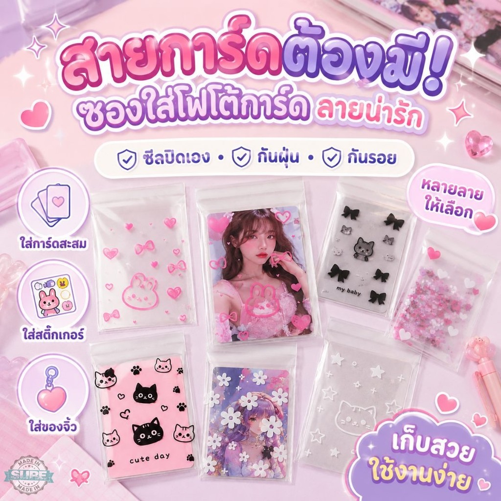 ซองพลาสติก OPP ลายคิวท์ ใส่การ์ดสะสม โฟโต้การ์ด สติ๊กเกอร์ ขนาด 8x10+3 ซม. แพ็ก 50 ใบ