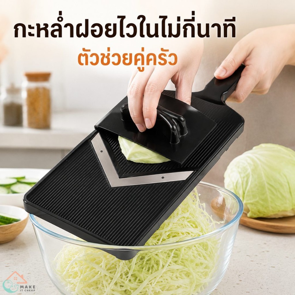 เครื่องสไลซ์ผักแบบมือจับ ที่ขูดกะหล่ำปลีฝอย พร้อมแผ่นกดกันมือ หั่นไว เส้นสวย ใช้งานง่ายในครัว