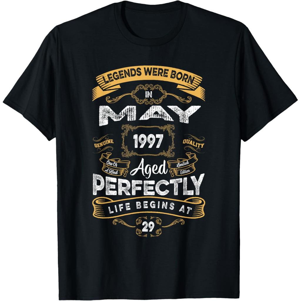 เสื้อยืดผ้าฝ้ายผู้ชาย Vintage 29th Birthday Legends is Born in May 1997 T-Shirt
