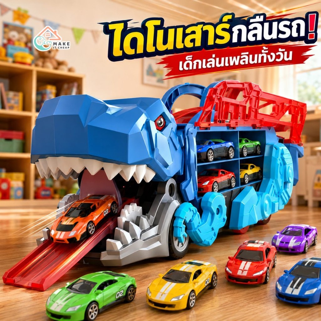รถไดโนเสาร์แปลงร่าง ของเล่นเด็ก รถกลืนรถ มีรางปล่อยรถ เก็บรถได้หลายคัน พร้อมรถเหล็กเล็ก สีสดน่าเล่นมาก คุ้มสุด