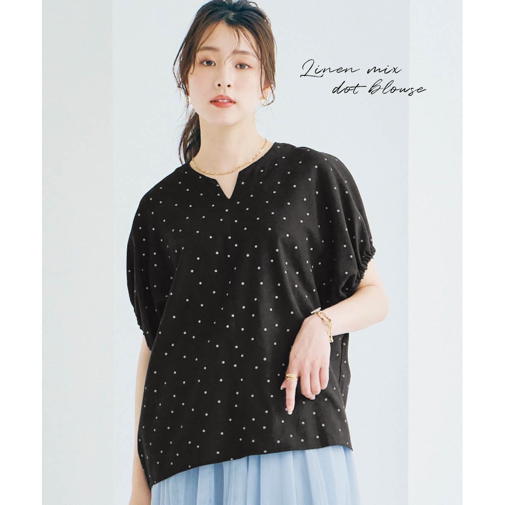เสื้อเบลาส์ลายจุด ผสมผ้าลินิน คอวี แขนพอง ทรงหลวม ใส่สบาย สไตล์ญี่ปุ่น