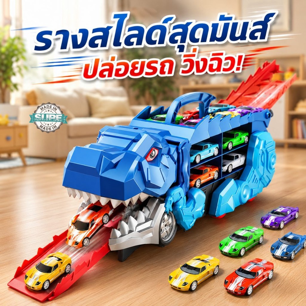 ชุดของเล่นไดโนเสาร์รถบรรทุก 2in1 รถทีเร็กซ์กลืนรถ รางสไลด์ปล่อยรถ เก็บรถในตัว พร้อมรถเล็กสำหรับเด็กชาย เล่นสนุก