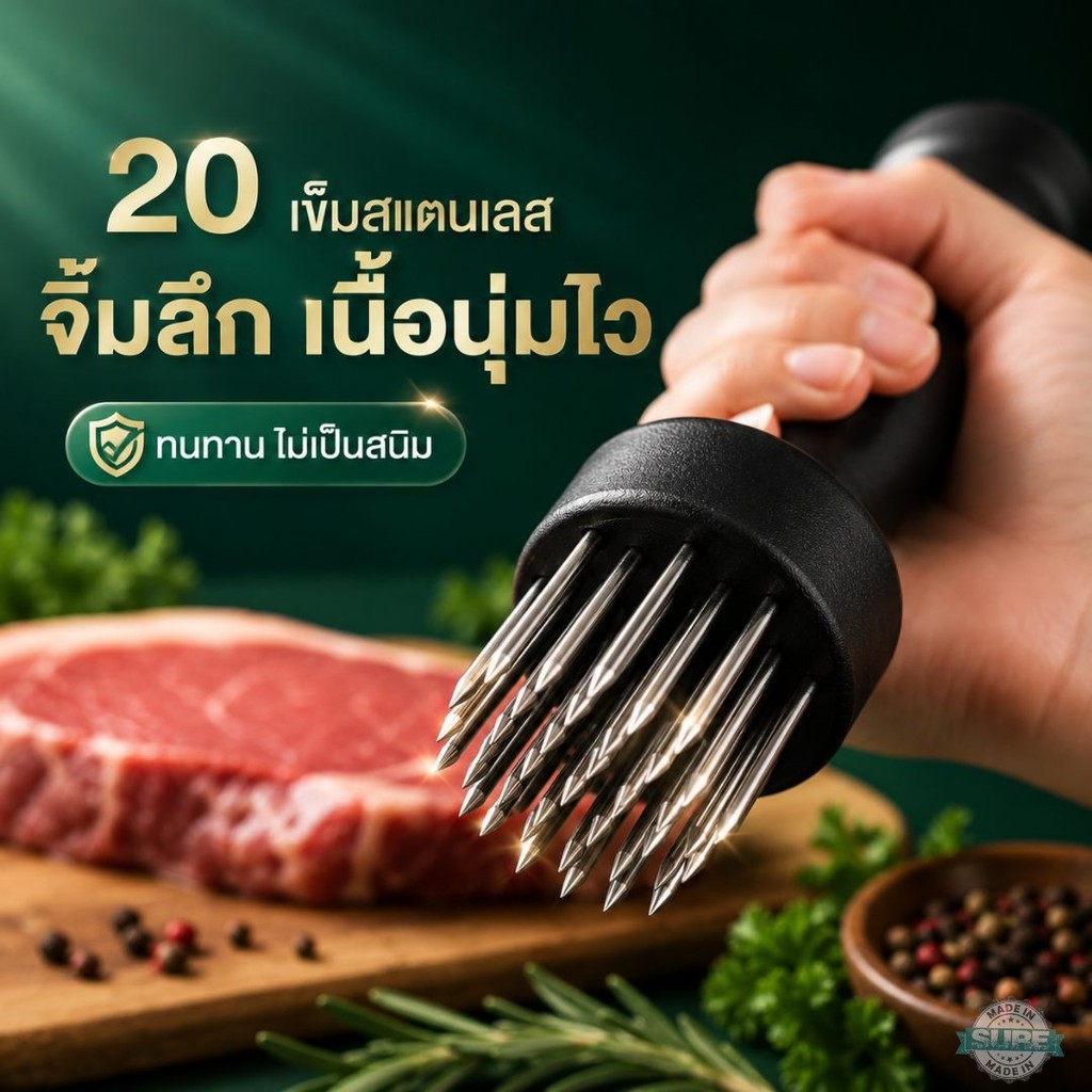 อุปกรณ์จิ้มหมักเนื้อ 20 เข็มสแตนเลส ด้ามจับถนัดมือ ช่วยซอสซึมเข้าเนื้อ ทำสเต๊ก หมู ไก่ ให้นุ่มอร่อยง่ายขึ้นในครัว