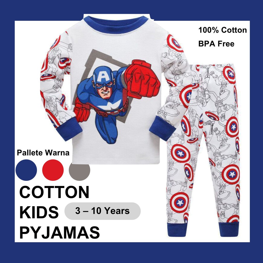 3-10Y AVENGERS CAPTAIN AMERICA LONG SLEEVE PANT BOY PYJAMAS ชุด/PAJAMAS ซูเปอร์ฮีโร่เด็ก spiderman ก