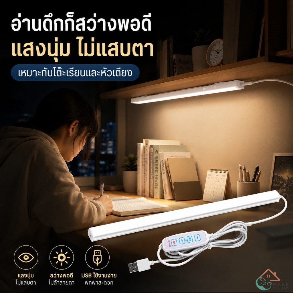 ไฟติดโต๊ะเรียน LED แบบแม่เหล็ก ใช้สาย USB ปรับความสว่างได้ ไฟอ่านหนังสือหอพัก หัวเตียง ตู้เสื้อผ้า ไม่ต้องเจาะ