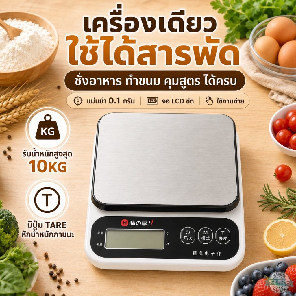 ตาชั่งดิจิทัลในครัว 10KG ความละเอียด 0.1g ใช้ชั่งอาหาร เบเกอรี่ วัตถุดิบ ร้านค้าเล็ก ใช้งานง่าย