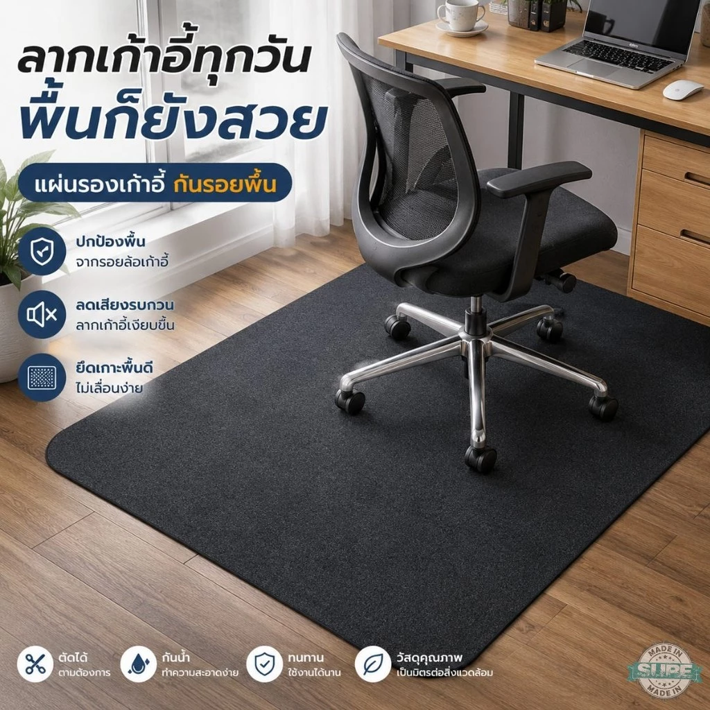 แผ่นรองพื้นเก้าอี้ล้อเลื่อน แผ่นกันรอยพื้นไม้ กันลื่น ลดเสียงรบกวน ขอบมน ใช้ในออฟฟิศ คอนโด ห้องทำงานทุกวัน