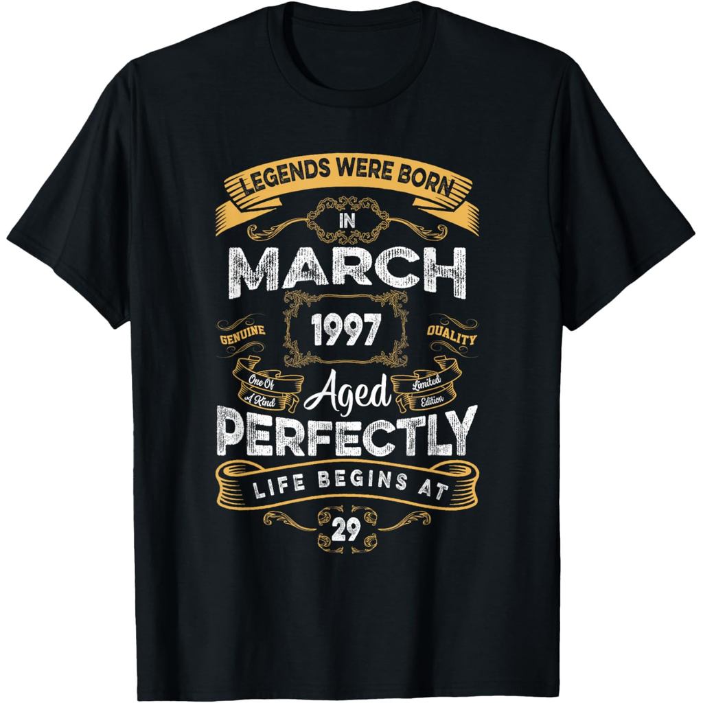 เสื้อยืดผ้าฝ้ายผู้ชาย Retro 29th Birthday Legends is Born in March 1997 T-Shirt