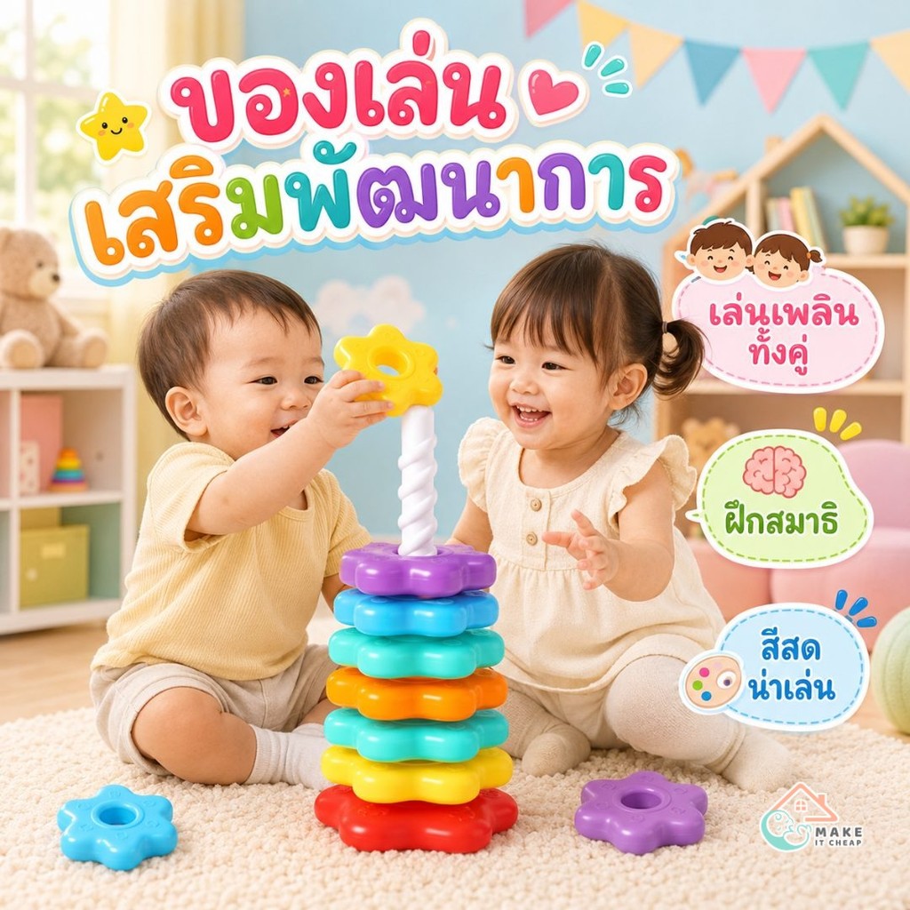 หอคอยหมุนสายรุ้ง ของเล่นเด็กเล็ก 1-2 ขวบ เสริมพัฒนาการ ฝึกมือ ฝึกตา เรียนรู้สีสัน สีสดน่าเล่น ขอบมนปลอดภัย เล่นง่าย