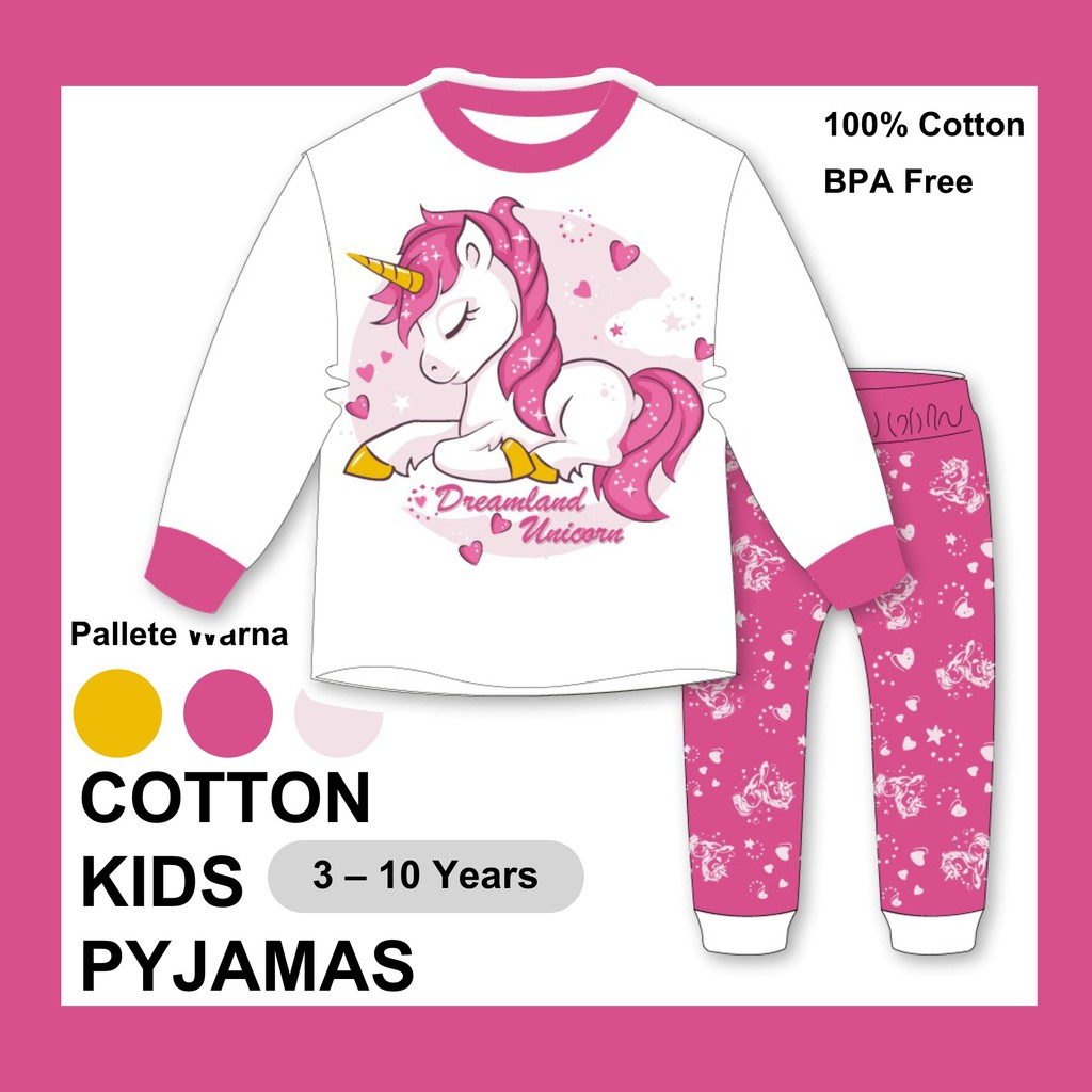 3-10Y สีชมพู UNICORN LONG SLEEVE PANT BOY PYJAMAS SET/PAJAMAS ซูเปอร์ฮีโร่เด็ก GIRL