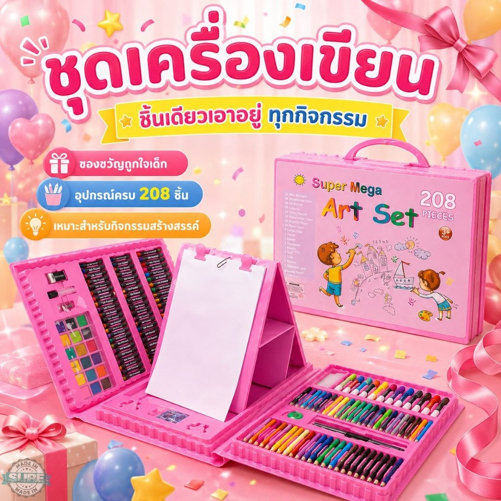 ชุดเครื่องเขียนศิลปะเด็ก กล่องวาดภาพ 208 ชิ้น สีไม้ สีเทียน สีน้ำ ครบในชุดเดียว ใช้งานง่าย