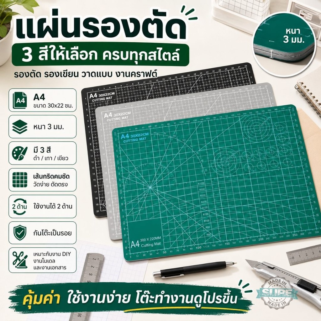 แผ่นรองตัด A4 หนา 3มม. แผ่นรองกรีดคัตเตอร์ 30x22ซม. ใช้ได้ 2 ด้าน สำหรับงาน DIY งานโมเดล วาดเขียน กันลื่น ทนทาน คุ้มค่า