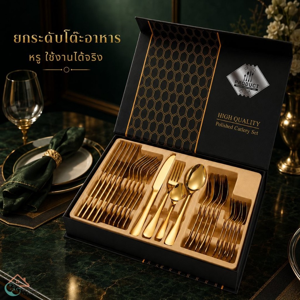ชุดช้อนส้อมมีดสเต๊ก 24 ชิ้น สแตนเลสสีทอง/เงิน พร้อมกล่องหรู ชุดอุปกรณ์ทานอาหาร สำหรับบ้าน ร้านอาหาร คาเฟ่