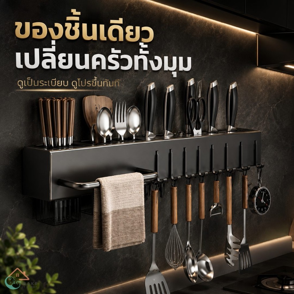 ชั้นวางครัวติดผนังอเนกประสงค์ ที่เก็บมีด ช้อน ตะเกียบ พร้อมราวแขวนผ้าและตะขอ ไม่ต้องเจาะ ครัวโล่งขึ้นทันที ใช้คุ้ม