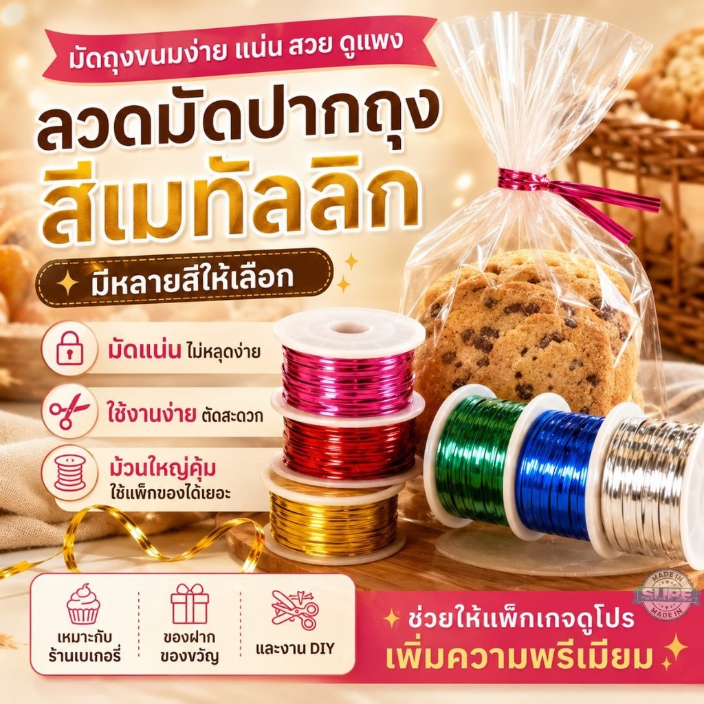 ลวดมัดถุงเบเกอรี่ สีเมทัลลิก 100 หลา ใช้ปิดปากถุงขนม ถุงของฝาก ถุงคุกกี้ สีสวย เงาวาว ดูพรีเมียม