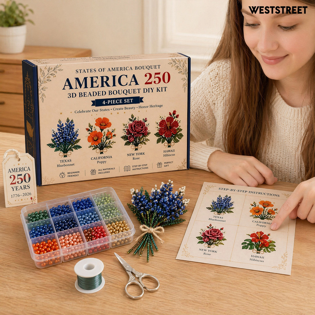 Weststreet America 250 Beaded Bouquet DIY Kit, 4th of July Patriotic Flower Craft Handmade Set, 1776