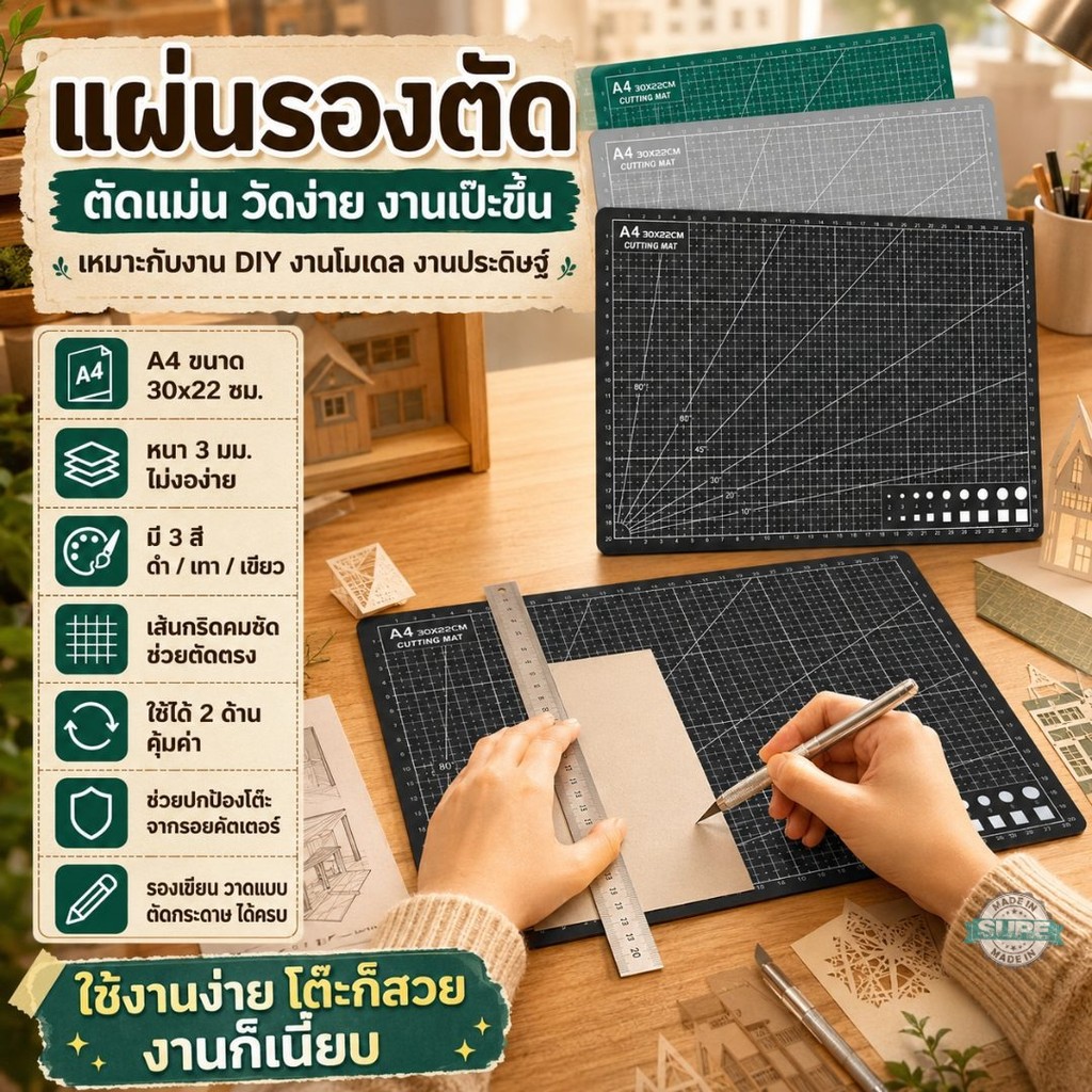 แผ่นรองตัด A4 แผ่นรองกรีดกระดาษ หนา 3มม. ใช้ได้ 2 ด้าน สีเขียว เทา ดำ เหมาะงานเรียน งานออฟฟิศ ตัดตรง วัดง่าย ใช้คุ้ม