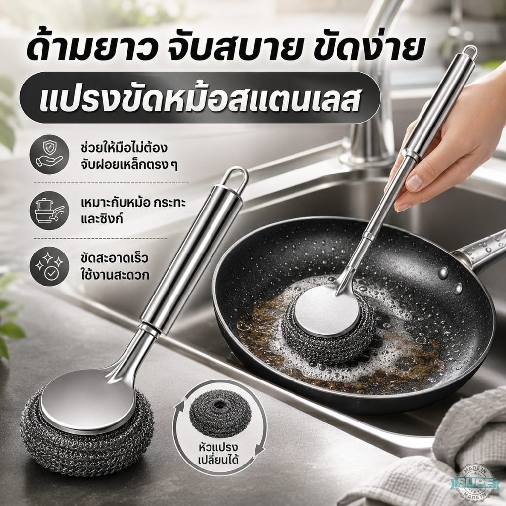 แปรงขัดหม้อหัวเปลี่ยนได้ ด้ามสแตนเลสแข็งแรง ขัดคราบติดแน่น คราบไหม้ คราบมันในครัวได้ง่าย