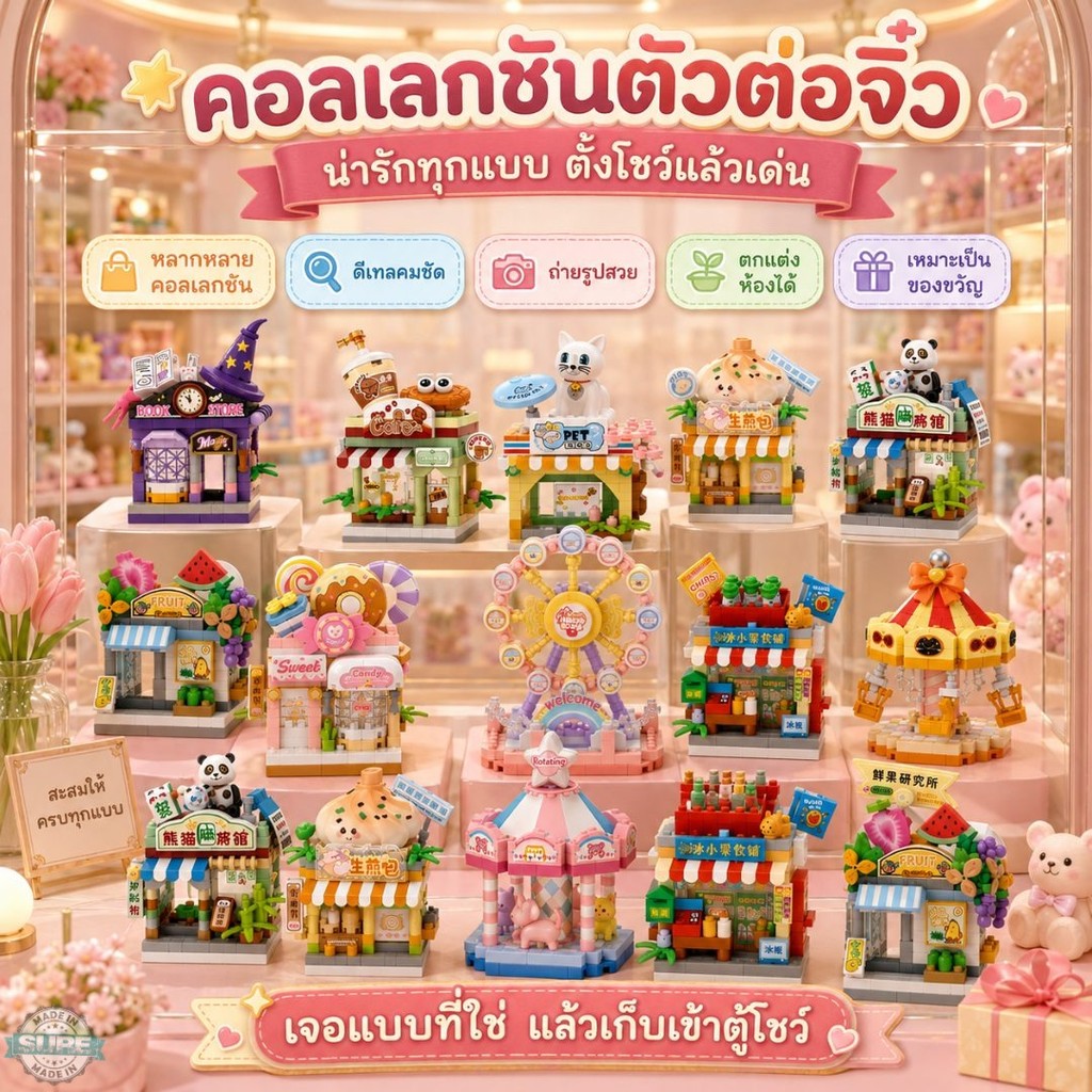 ตัวต่อโมเดลมินิ ร้านค้าจำลองน่ารัก ชิ้นเล็กสีสวย ต่อสนุก เสริมจินตนาการ ตั้งโชว์โต๊ะทำงานได้