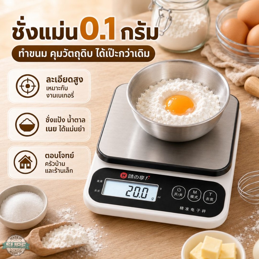 เครื่องชั่งอาหารดิจิทัล 10KG ชั่งละเอียด 0.1 กรัม ใช้งานง่าย เหมาะทำเบเกอรี่ คุมอาหาร ชั่งวัตถุดิบ