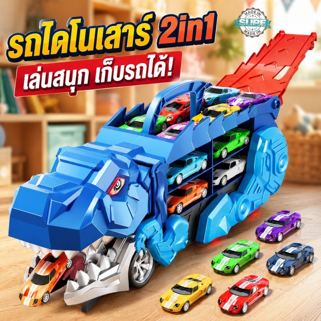 ของเล่นรถไดโนเสาร์ T-Rex กลืนรถได้ รถของเล่นเด็ก มีรางสไลด์ด้านหลัง ช่องเก็บรถ พร้อมรถแข่งเล็กในชุดน่าเล่นสุดคุ้ม