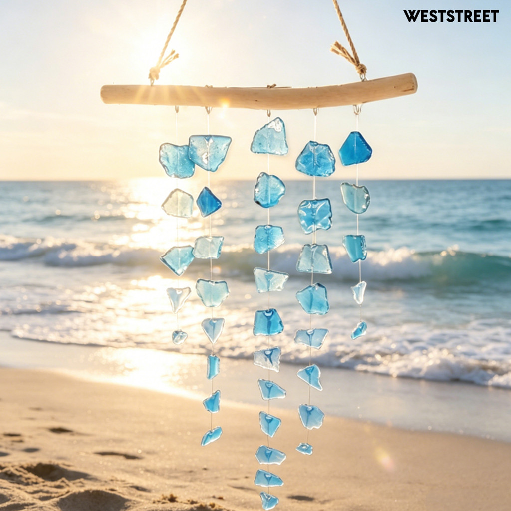 Weststreet Sea Glass Chime, Handmade Driftwood Wind Chime, Coastal แขวน Wind Chime สําหรับ Home Beac