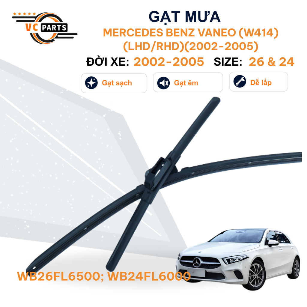 Mercedes Benz Vaneo Wipers (W414) 2002-2005-Schaaffle Premium Soft Body ขนาด 24 & 26