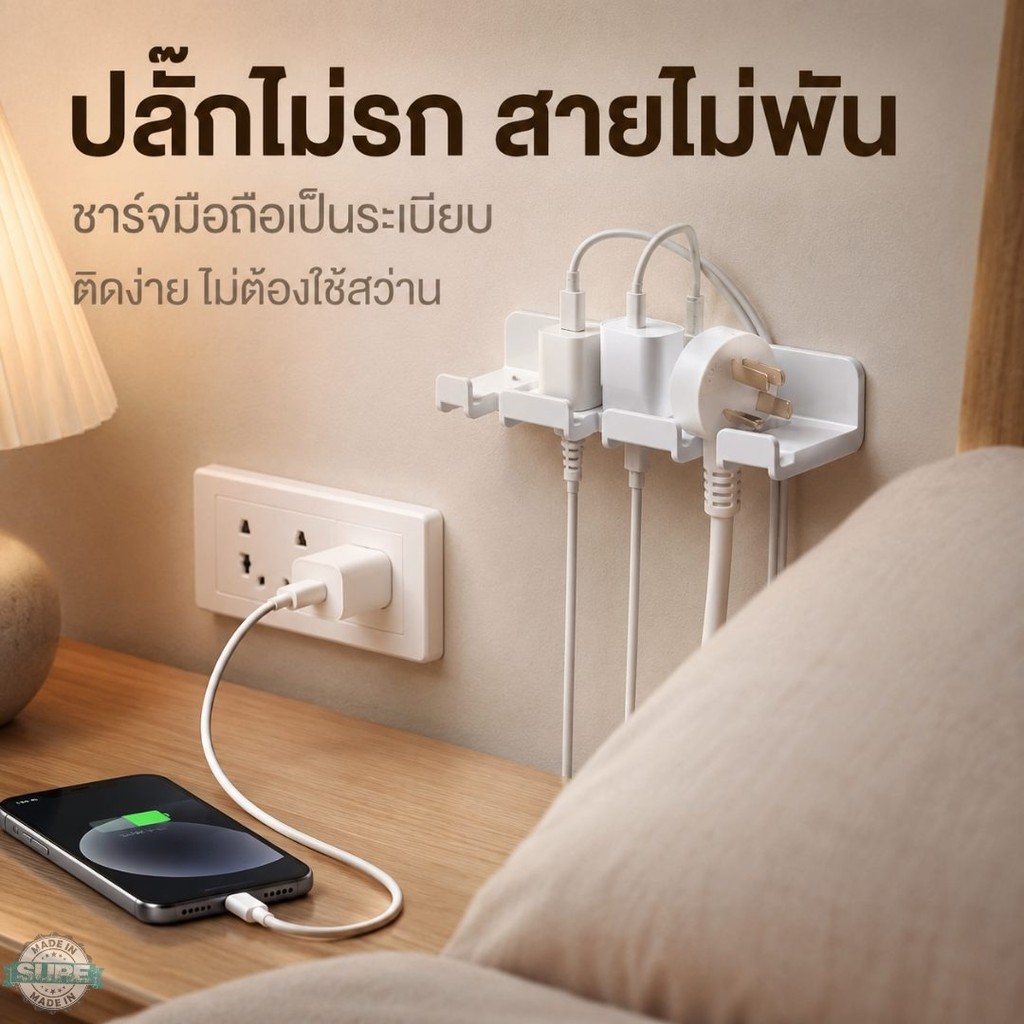 ที่เก็บปลั๊กไฟติดผนังแบบมีกาว ไม่เจาะผนัง แขวนหัวชาร์จ สายไฟ แปรงสีฟัน มีดโกน ใช้งานได้หลายมุมบ้าน ติดแน่น ไม่รก