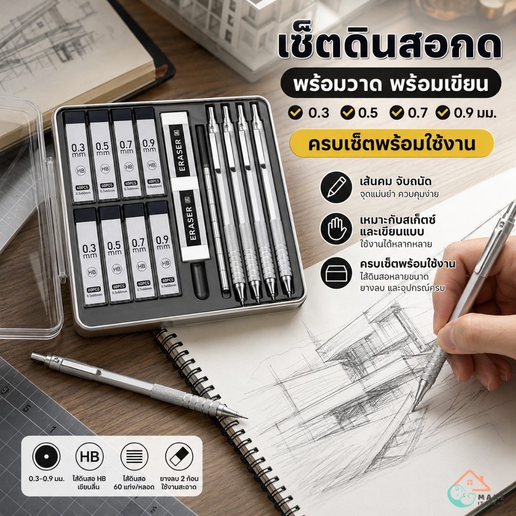 ชุดดินสอกดโลหะหัว 0.3/0.5/0.7 มม. ด้ามจับถนัด พร้อมไส้ HB ยางลบ ใช้วาดรูป สเก็ตช์ เขียนแบบ
