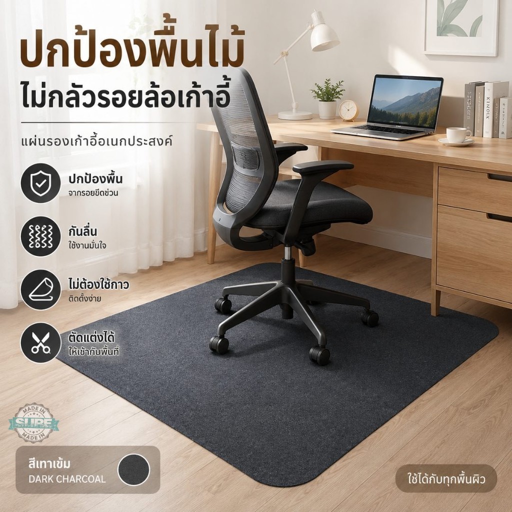 แผ่นรองเก้าอี้ทำงานกันลื่น ป้องกันรอยขีดข่วนจากล้อเลื่อน ลดเสียงลากเก้าอี้ สำหรับบ้าน ออฟฟิศ ห้องอ่านหนังสือ