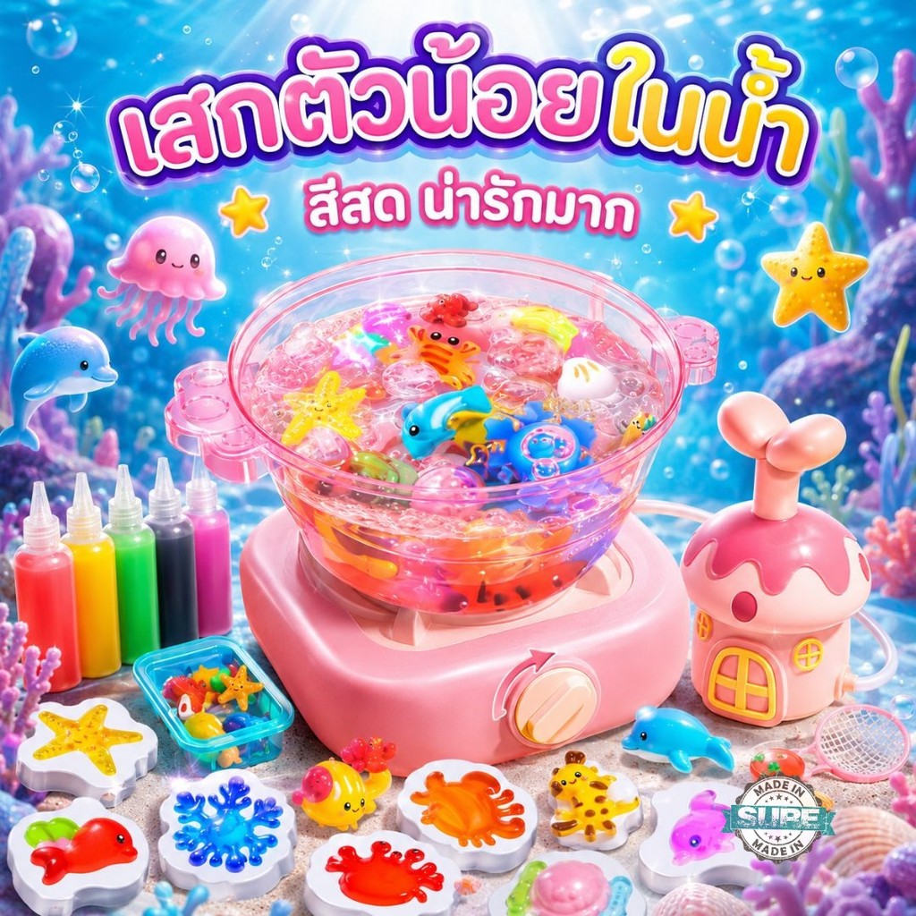 ของเล่นเสริมพัฒนาการเด็ก DIY ทำตัวน้อยในน้ำ หม้อสีชมพูพร้อมแม่พิมพ์ ขวดสี เล่นง่าย น่ารัก