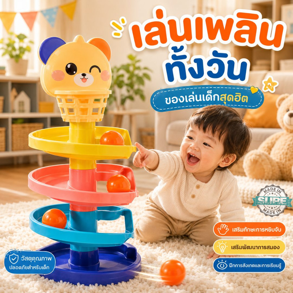 ของเล่นเด็กลูกบอลกลิ้งวน รางบอลหมุนหลายชั้น สีสันสดใส ฝึกมือสายตา เสริมสมาธิ เหมาะเป็นของขวัญเด็ก
