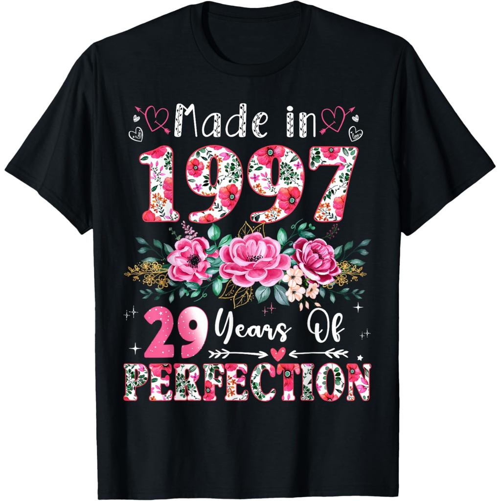 เสื้อยืดผ้าฝ้ายผู้ชาย 29 ปี Made in 1997 Floral 29th Birthday เสื้อยืดผู้หญิง
