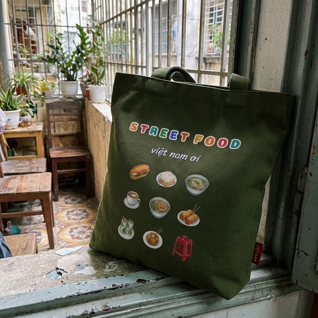 กระเป๋าผ้าแคนวาสมีซิป กระเป๋าเสริมพิมพ์ลาย Vietnam Street Food ของว่าง ของขวัญท่องเที่ยว cuisine 932