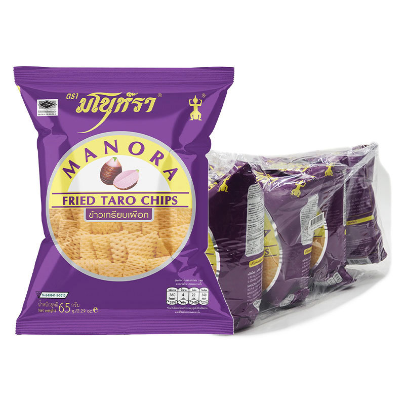 มโนห์รา ข้าวเกรียบทอด รสเผือก 65 ก. x 4 (MANORA Fried Chips Taro 65 g x 4) โปโลแมน POLOMAN