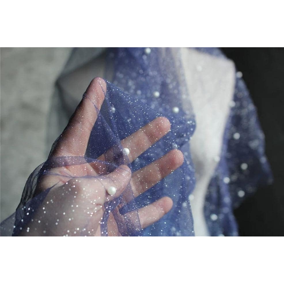 ผ้าลูกไม้สำหรับชุดเจ้าสาวและม่าน แบบ 3D ลูกปัด สีฟ้านัวไล่ระดับ ขนาด 1 หลา รหัส 59 X0603