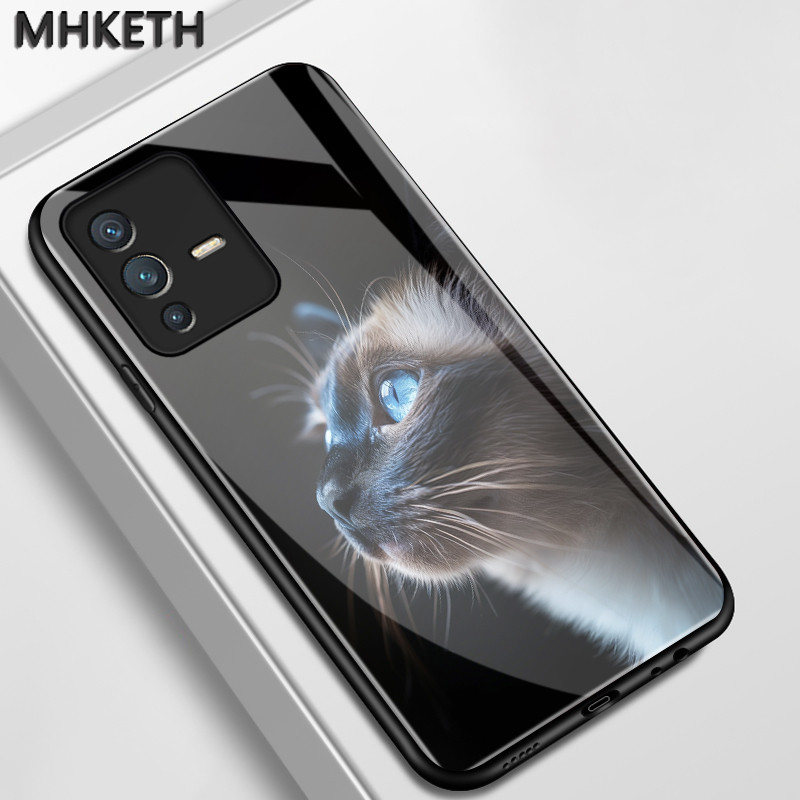 เคสสำหรับ VIVO V23 5G V23i 5G V23E 4G V23E 5G Y75 เคสโทรศัพท์แก้วเรียบหูฟังลายแมวน่ารัก