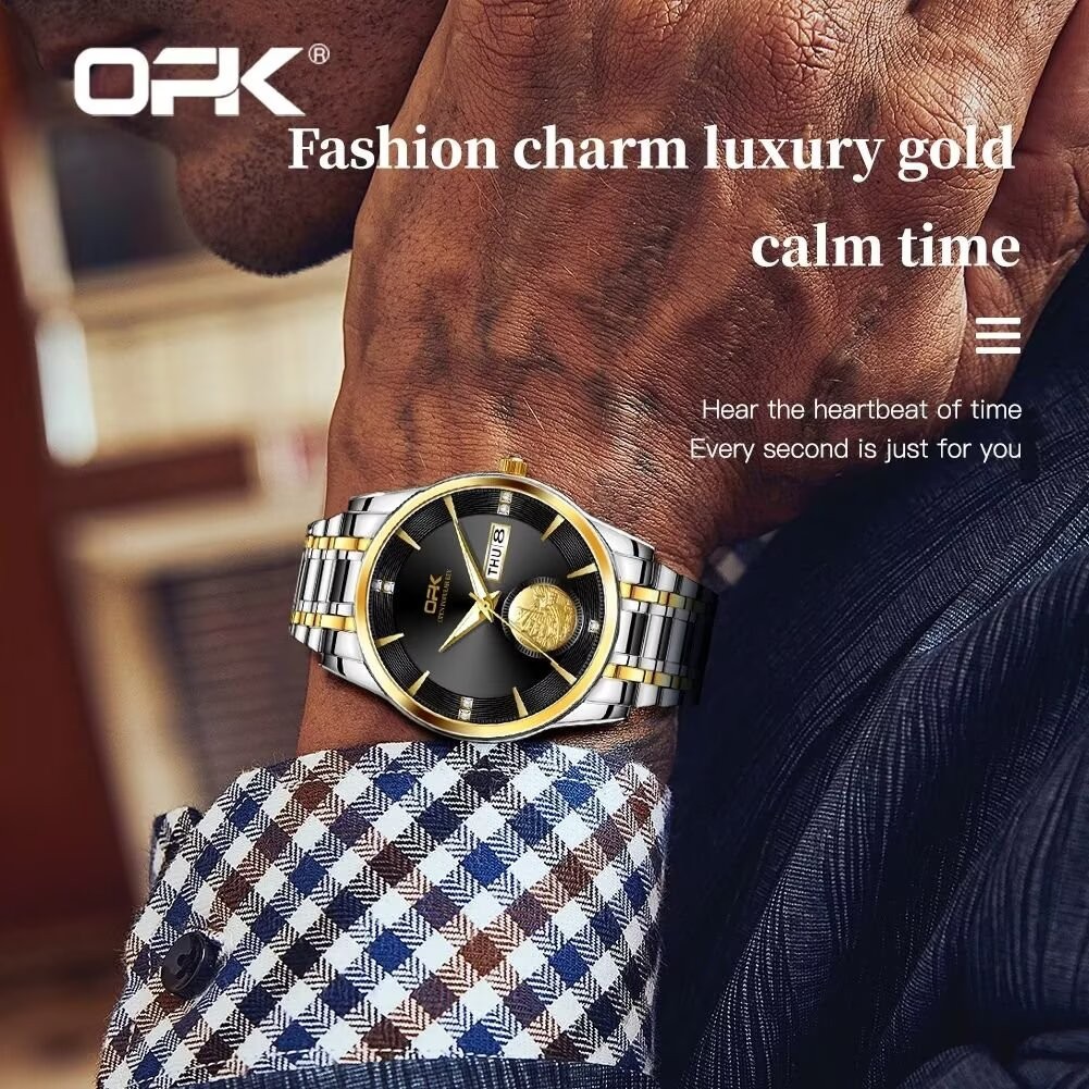 OPK นาฬิกาสําหรับชายกันน้ําสแตนเลสสตีลควอตซ์ปฏิทินส่องสว่างธุรกิจ Relo 8131