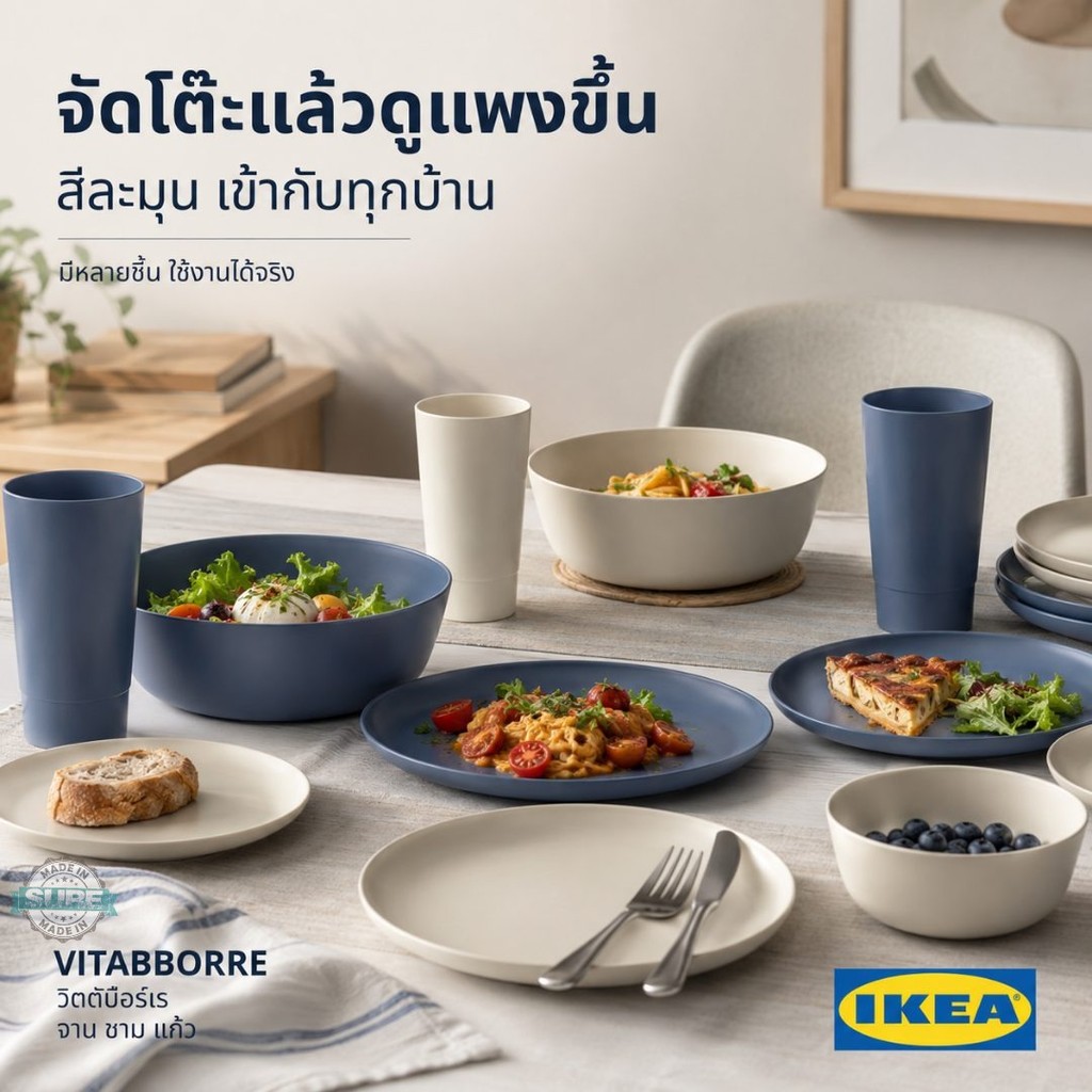 IKEA VITABBORRE จาน26ซม ชาม แก้ว700มล สีเบจ/น้ำเงิน จานพลาสติก PP น้ำหนักเบา ใช้ในบ้าน คาเฟ่ หอพัก เลือกแบบได้