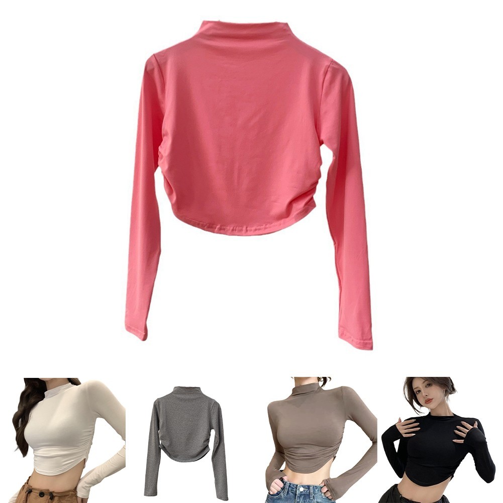 [LMS] ผู้หญิงแขนยาวคอเต่าแข็งยืดเสื้อกล้ามเซ็กซี่ Slim Basic Tee Tops