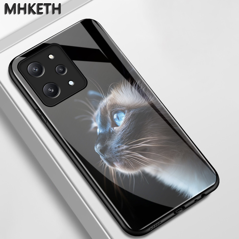 เคสสำหรับ Xiaomi Redmi 12 5G 13 4G 13 5G 13C 5G POCO M6 4G C65 M6 Pro 5G เคสโทรศัพท์แก้วเรียบหูฟังลายแมวน่ารัก